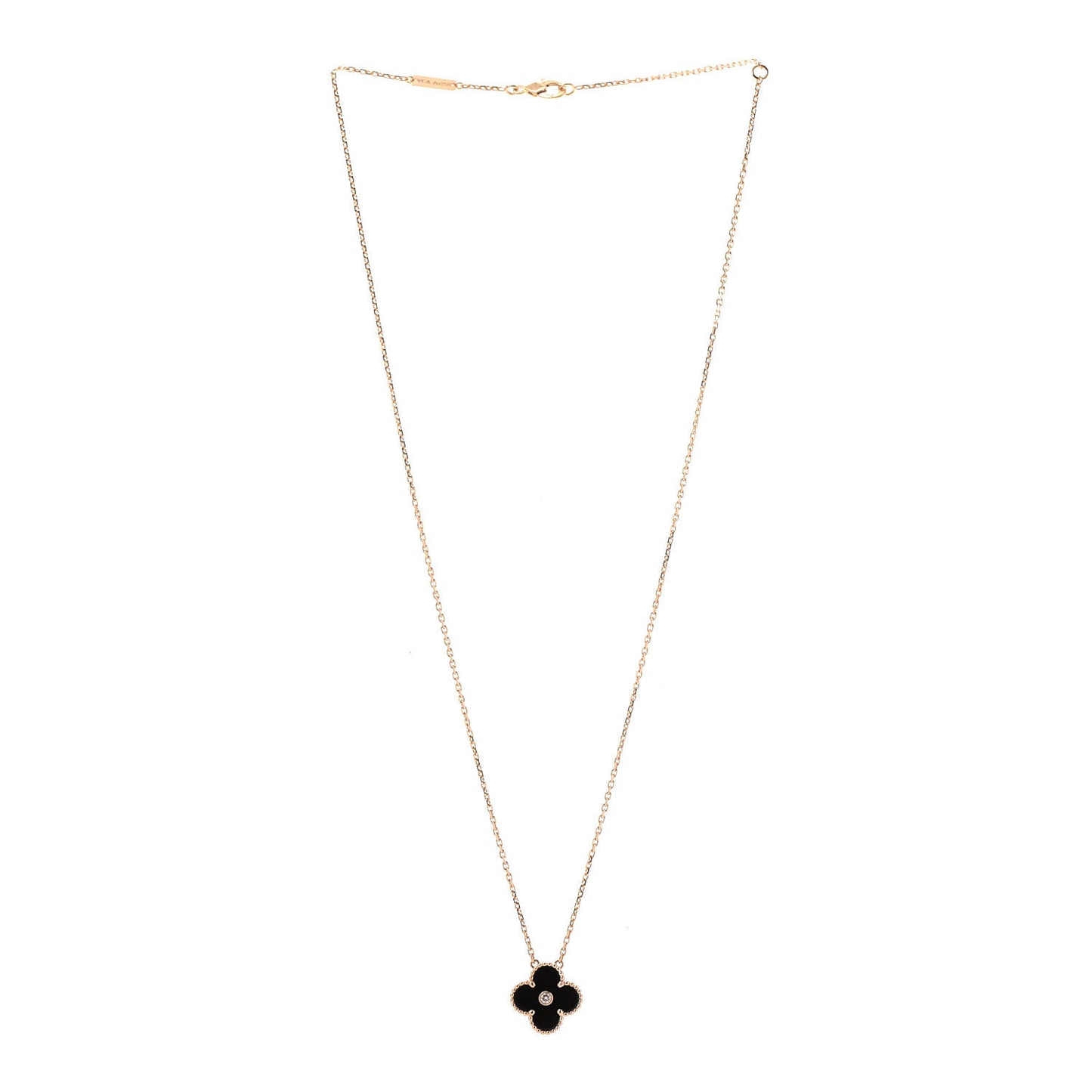 18K Rose Gold Diamond Black Onyx Vintage Alhambra Pendant Necklace