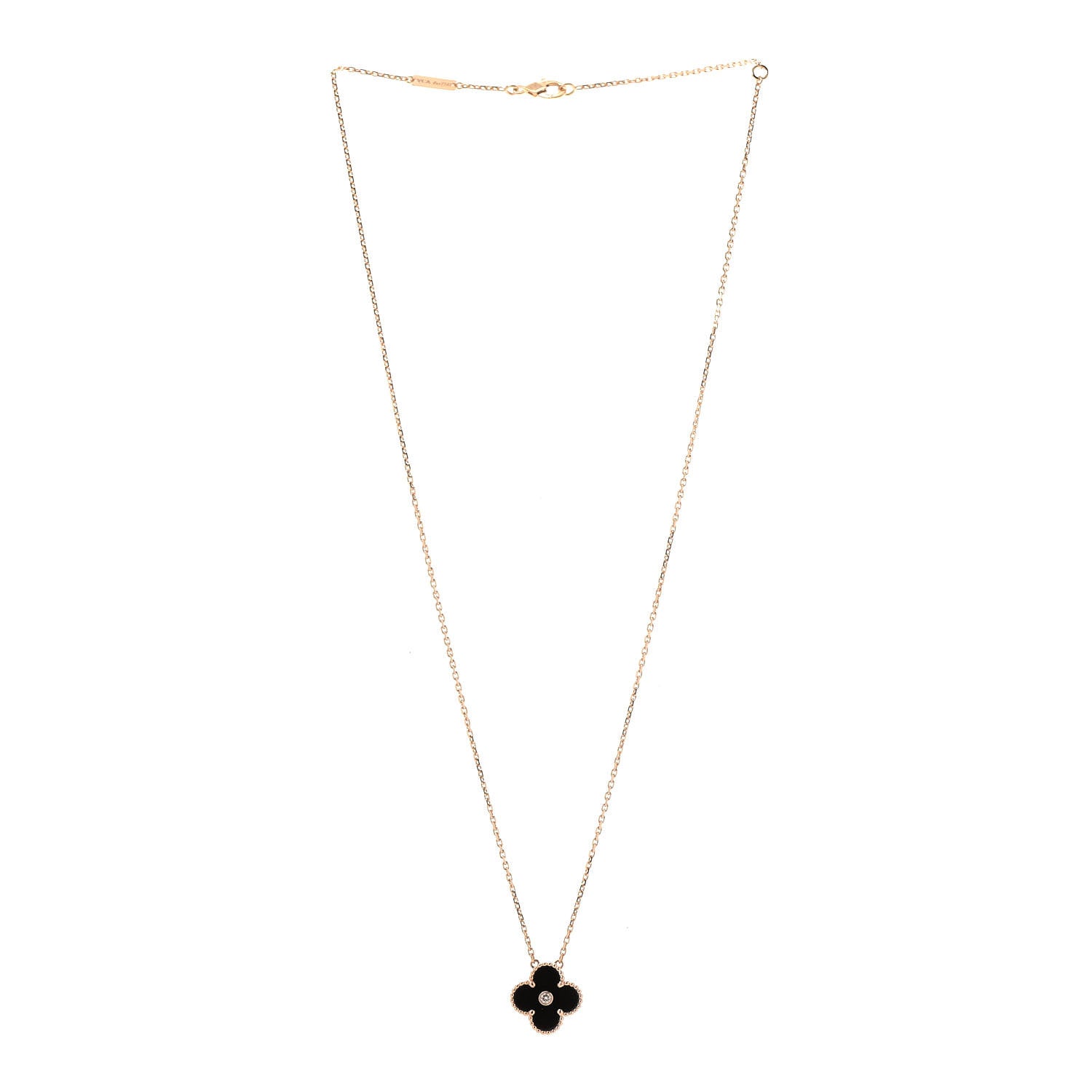 Van Cleef & Arpels 18K Rose Gold Diamond Black Onyx Vintage Alhambra Pendant Necklace 3 of 7