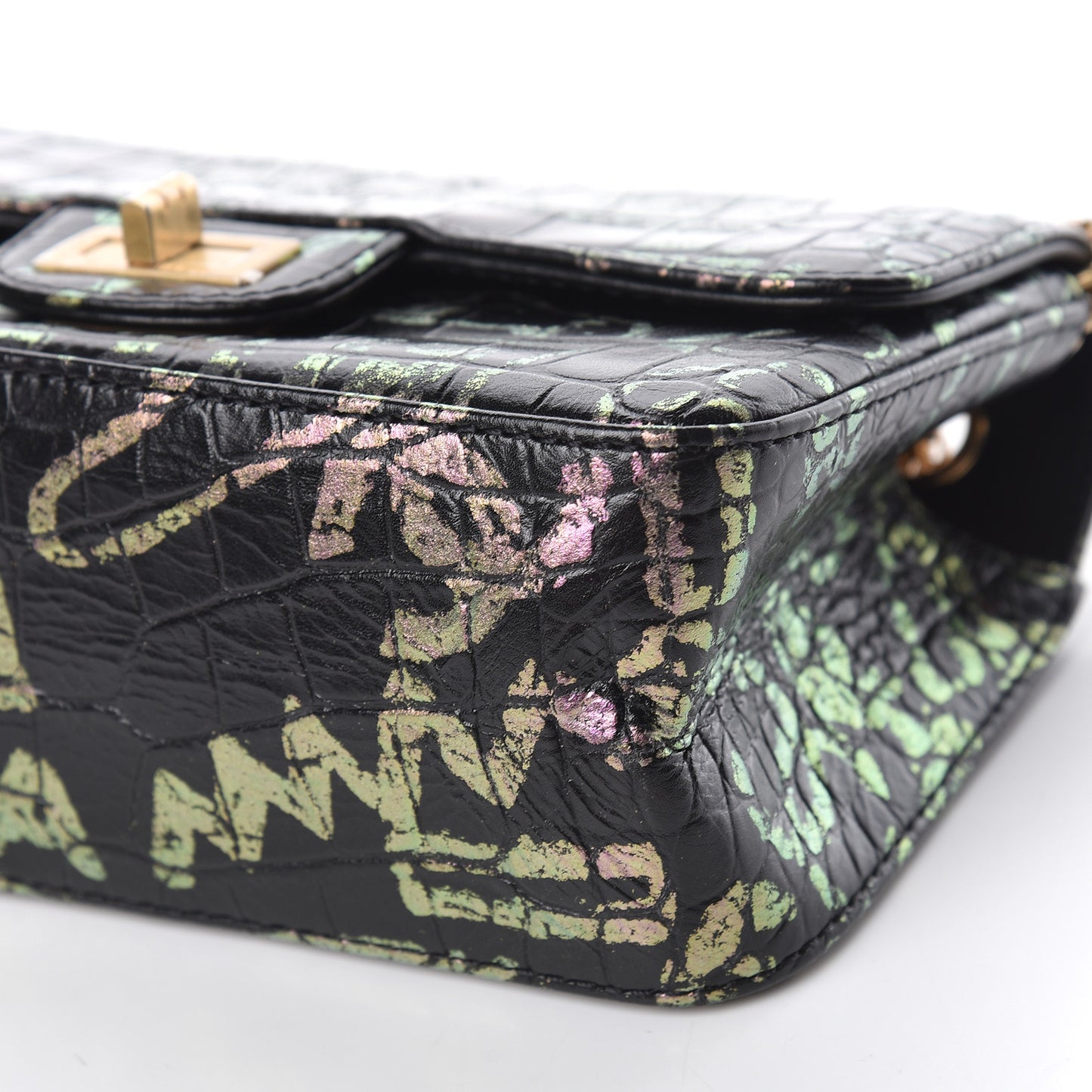 Calfskin Crocodile Embossed Graffiti 2.55 Mini Cocodile Reissue Flap Black Pink