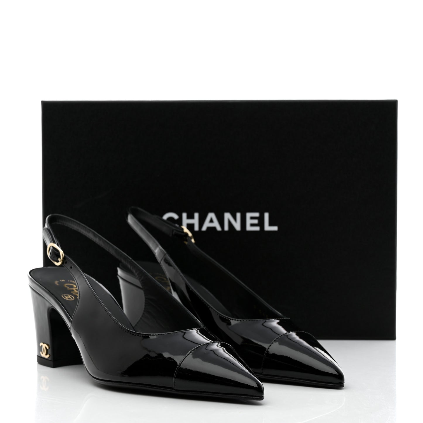 Patent Calfskin Cap Toe CC Slingback Pumps 37.5 Black