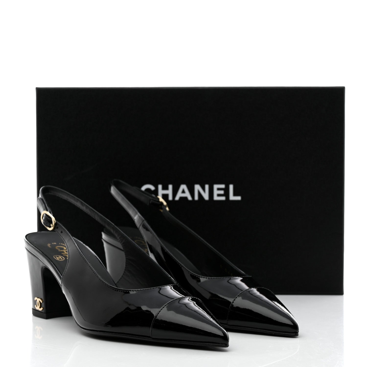 Chanel Patent Calfskin Cap Toe CC Slingback Pumps 37.5 Black 9 of 9