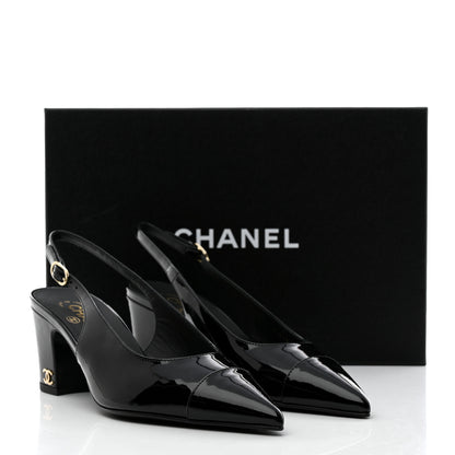 Chanel Patent Calfskin Cap Toe CC Slingback Pumps 37.5 Black 9 of 9
