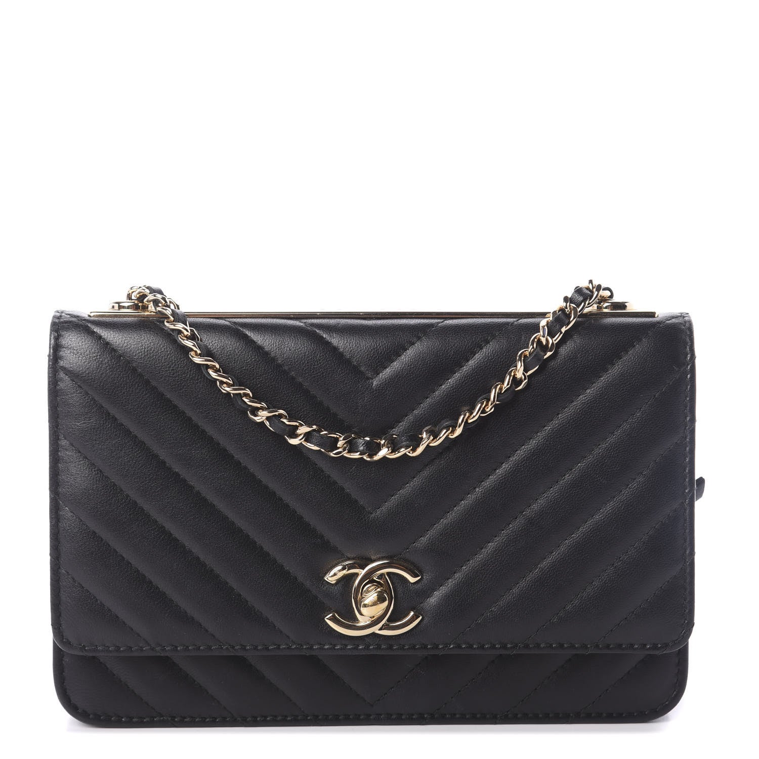 Chanel Lambskin Chevron Quilted Tendy CC Wallet On Chain WOC Black 1 of 11