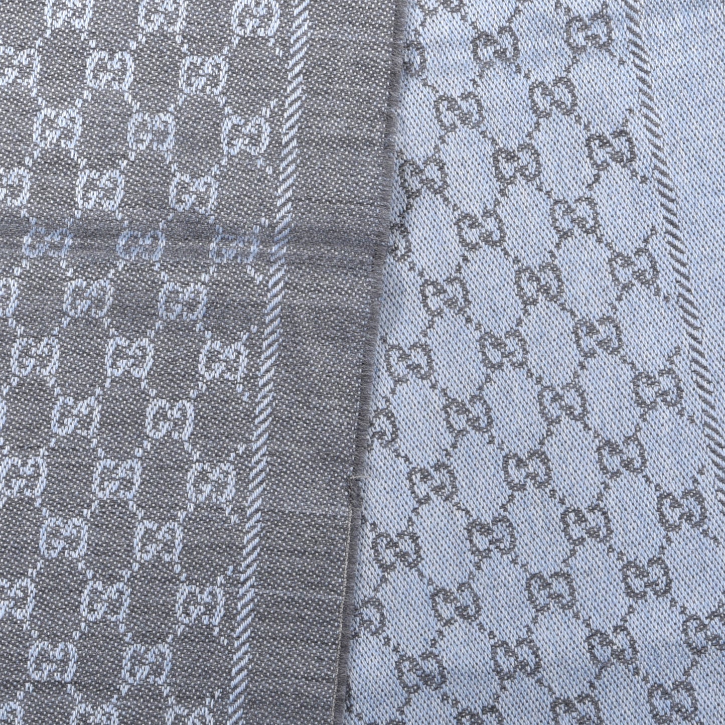 Wool GG Monogram Reversible New Sten Fringe Scarf Flannel Sky Blue