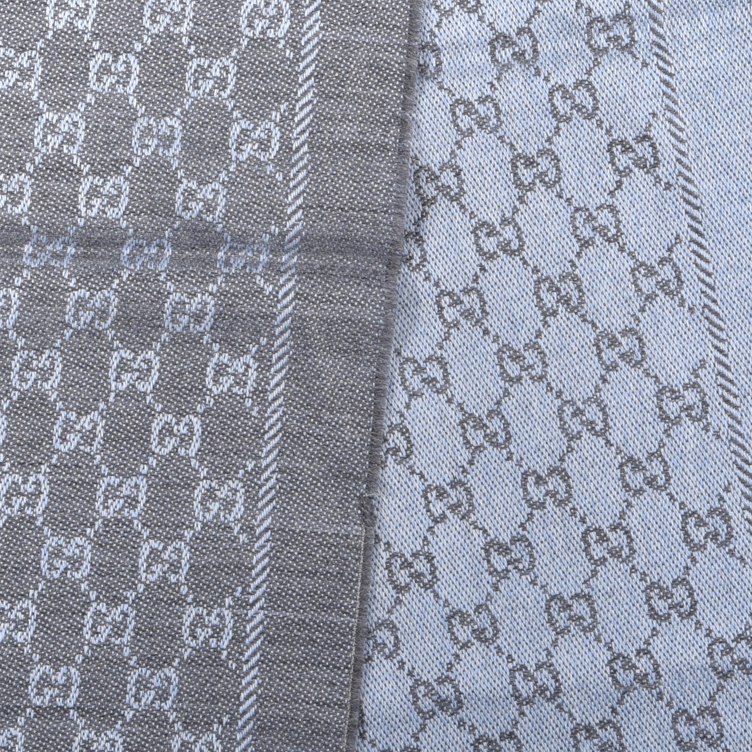 Gucci Wool GG Monogram Reversible New Sten Fringe Scarf Flannel Sky Blue 3 of 5