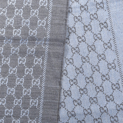 Gucci Wool GG Monogram Reversible New Sten Fringe Scarf Flannel Sky Blue 3 of 5