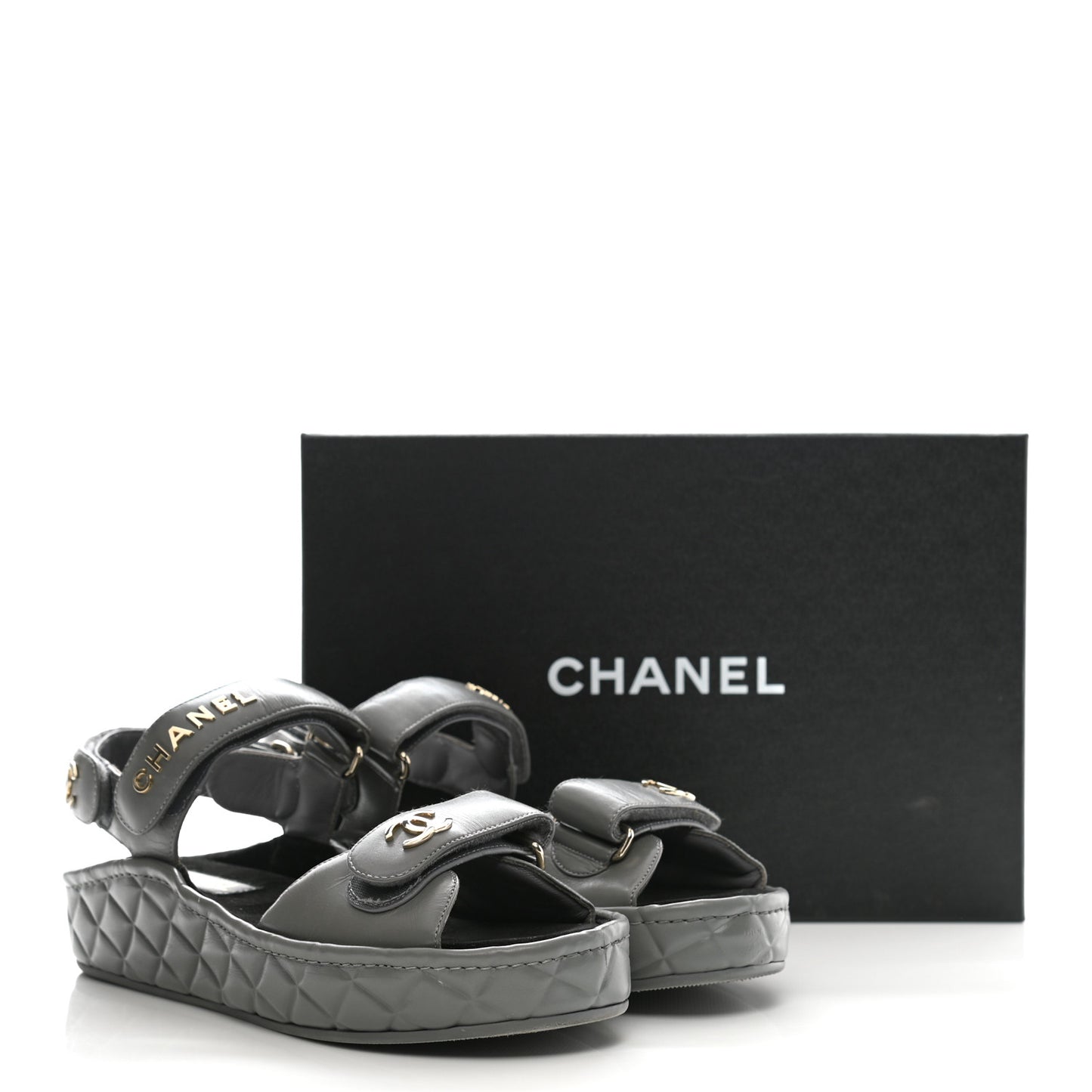 Shiny Calfskin Logo Platform Sandals 38 Grey