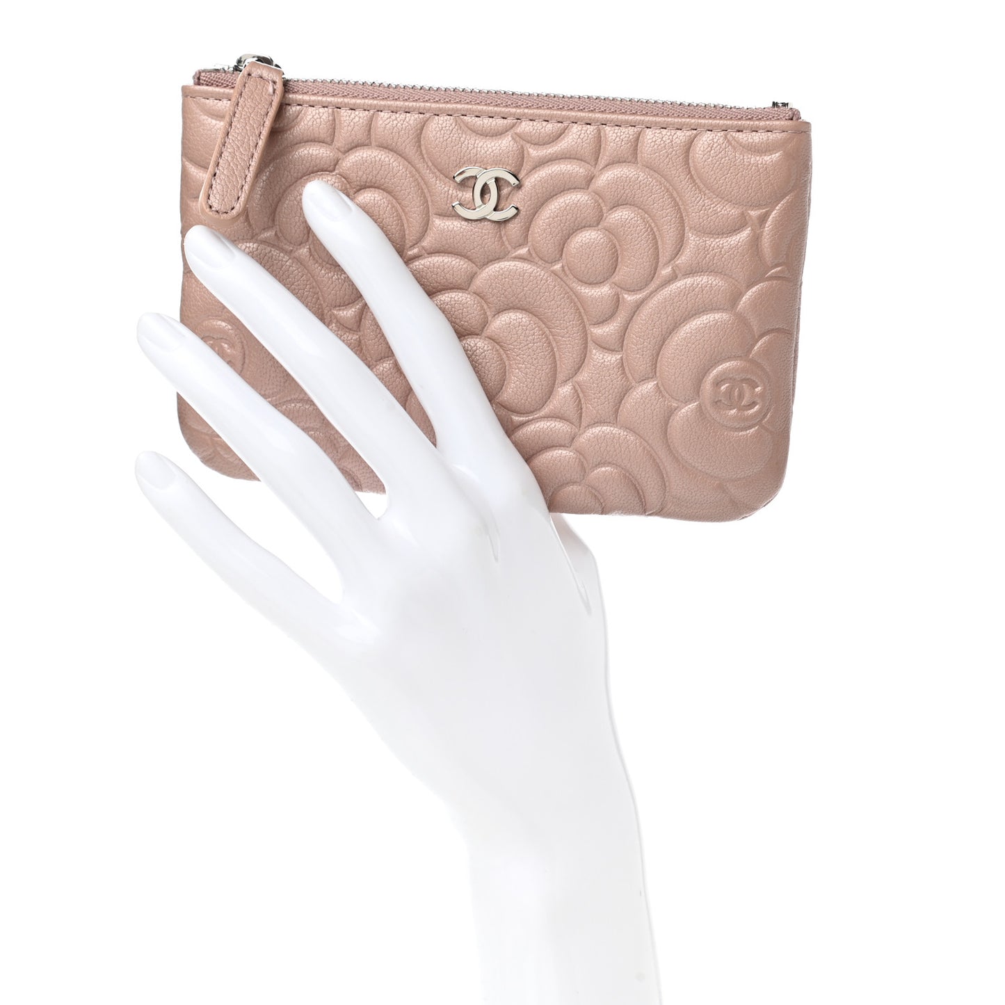 Goatskin Camellia Embossed Cosmetic Pouch Light Pink