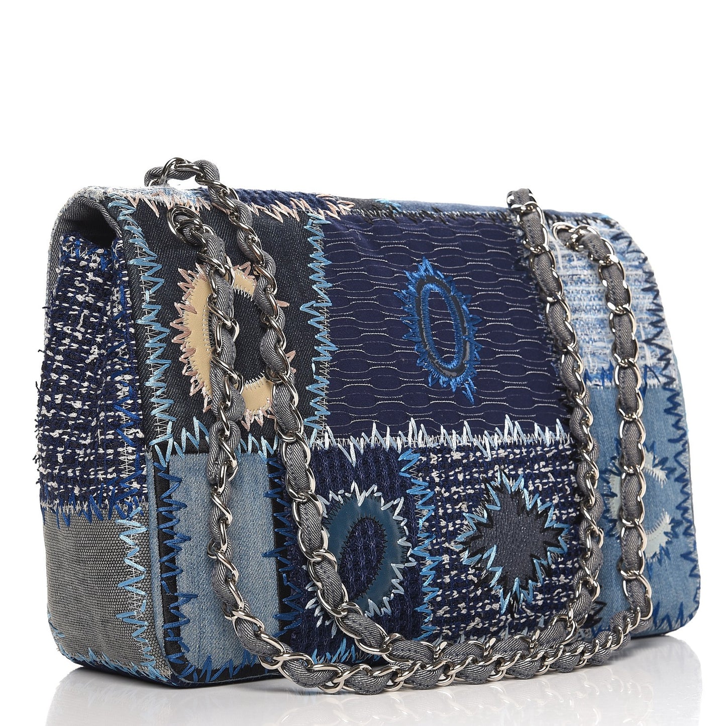 Denim Tweed Patchwork Jumbo Single Flap Blue