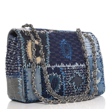 Chanel Denim Tweed Patchwork Jumbo Single Flap Blue 4 of 9