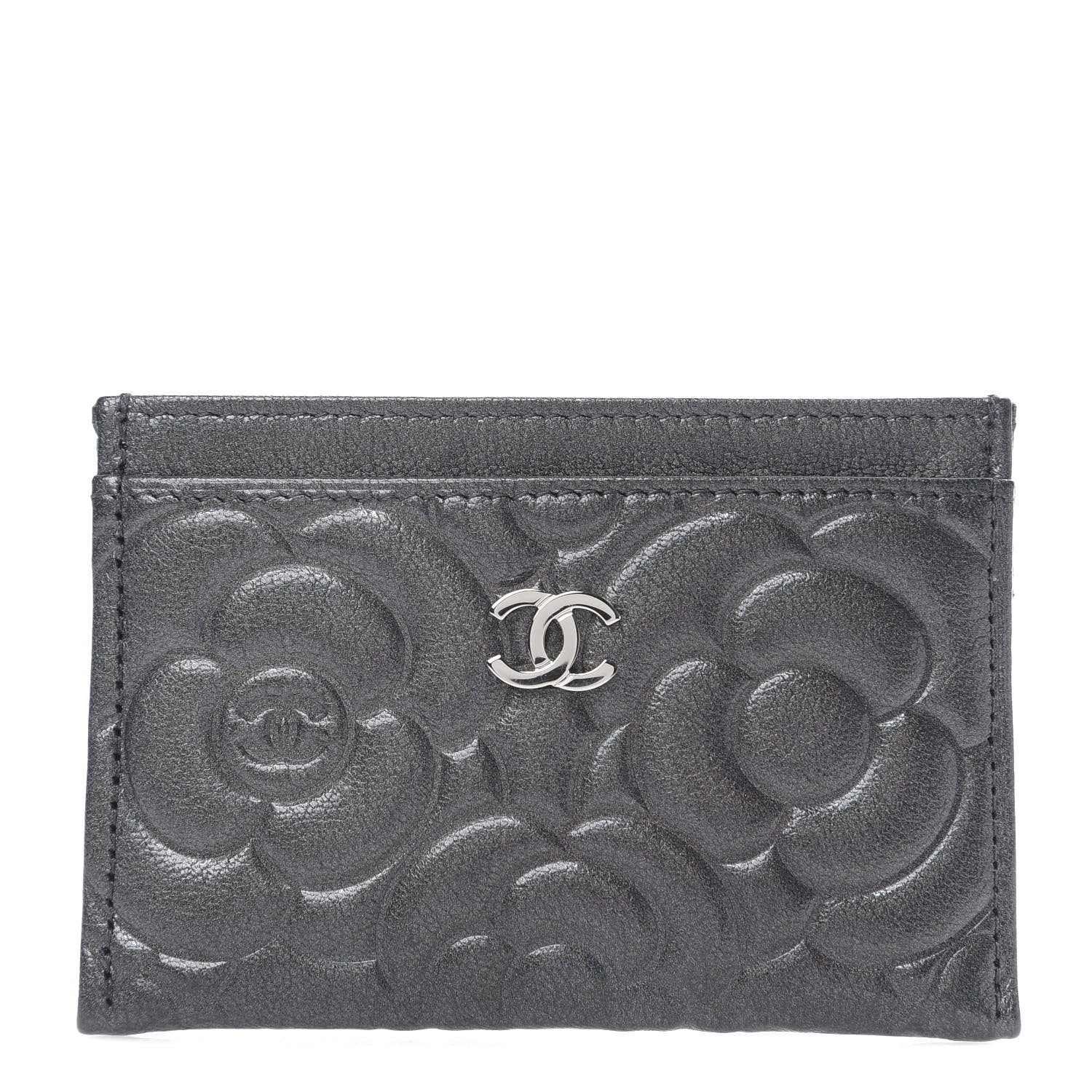 Chanel Goatskin Camellia Embossed Card Holder Anthracite 1 of 8