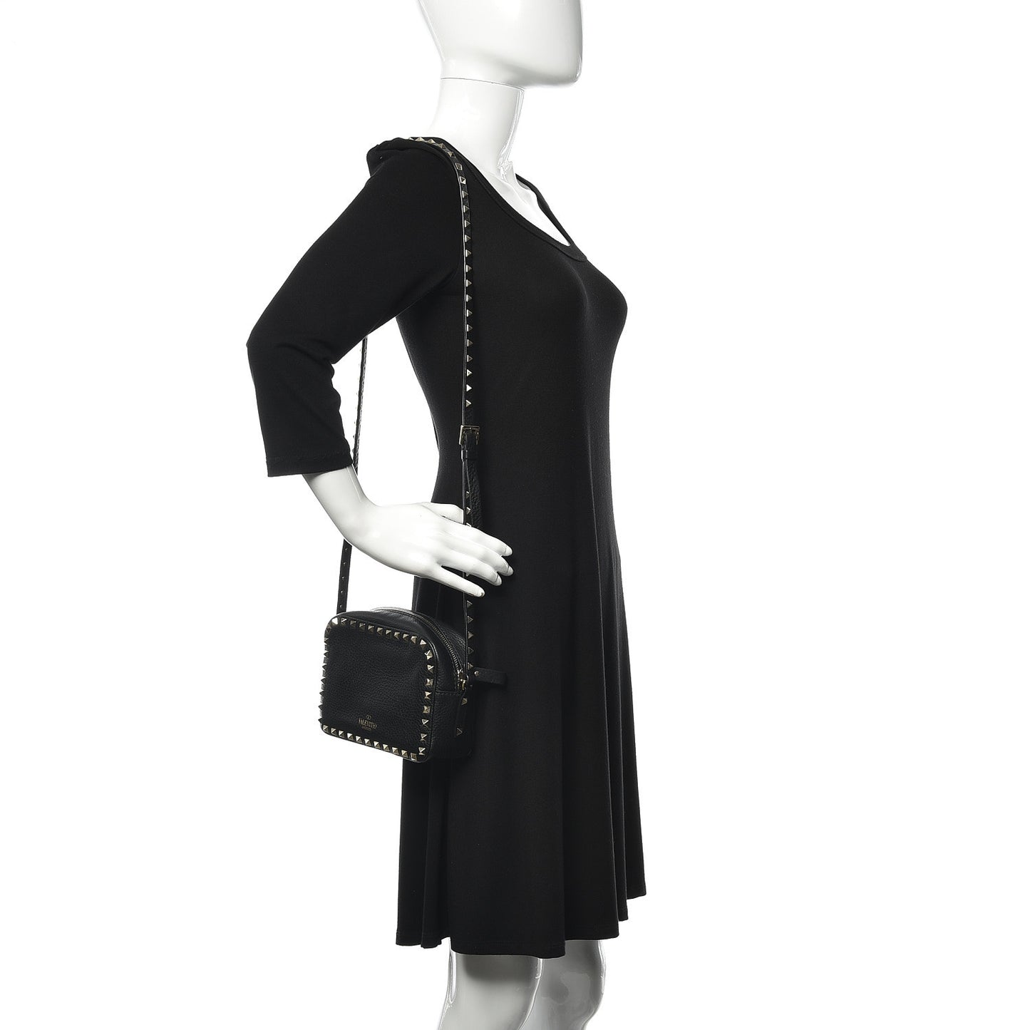 Pebbled Calfskin Rockstud Camera Crossbody Bag Black