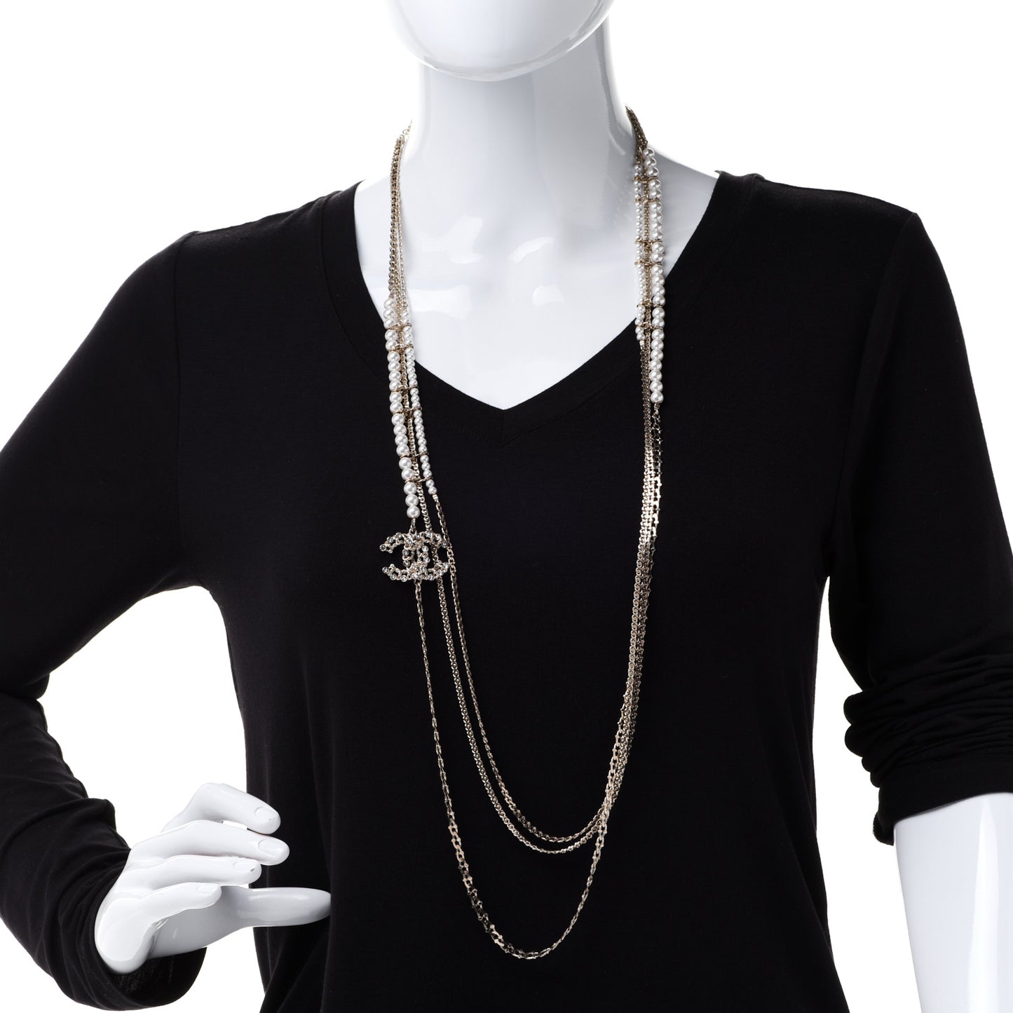 Crystal Pearl CC Long Multistrand Necklace Gold
