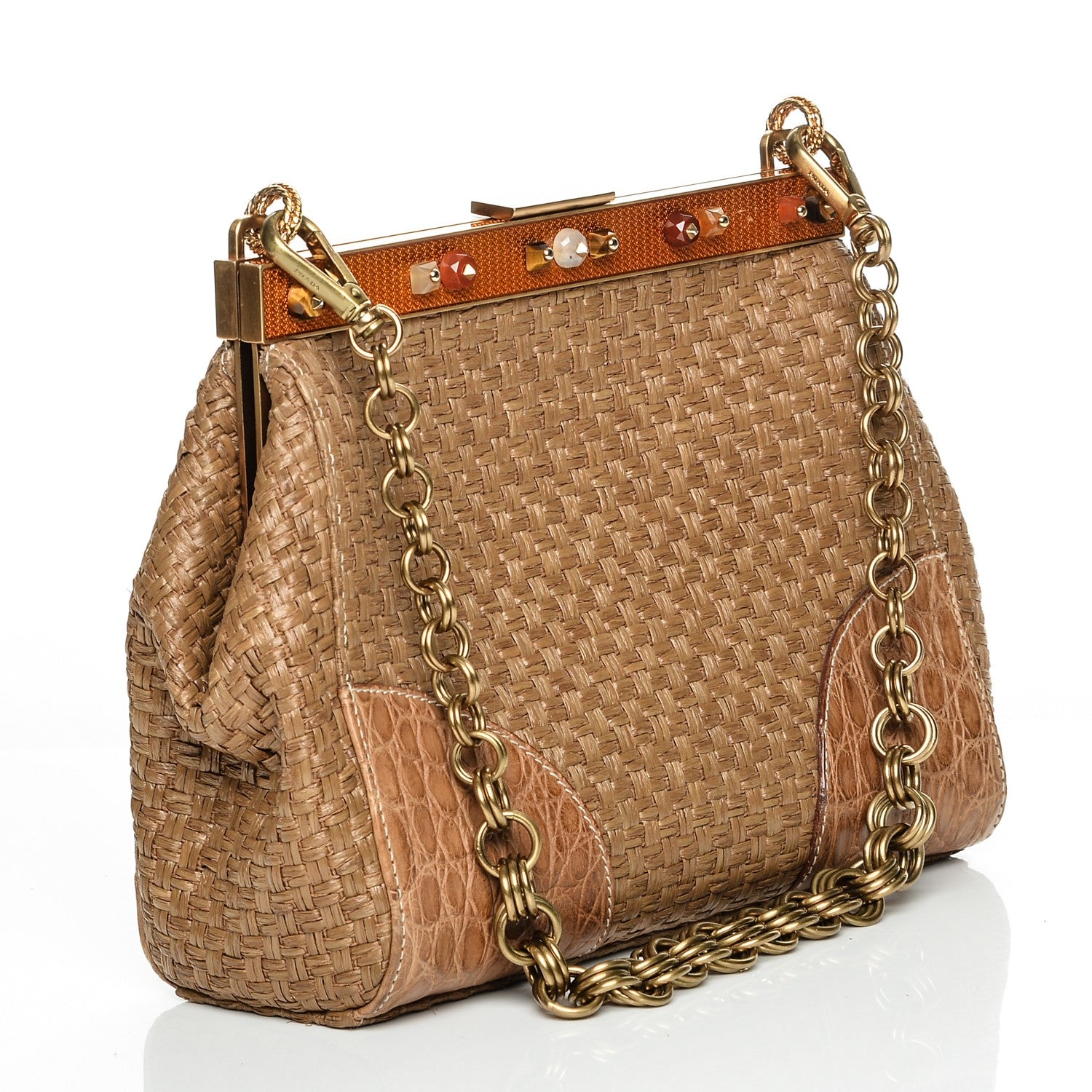 Prada Straw Crocodile Woven Semitracolla Frame Bag Naturale 3 of 6