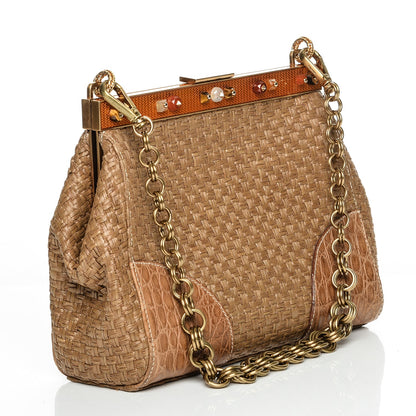 Prada Straw Crocodile Woven Semitracolla Frame Bag Naturale 3 of 6