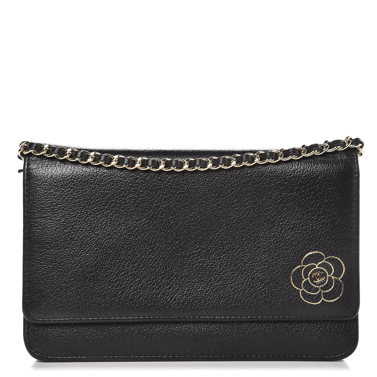Goatskin Embossed Camellia Wallet On Chain WOC Black
