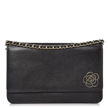 Chanel Goatskin Embossed Camellia Wallet On Chain WOC Black 1 of 9