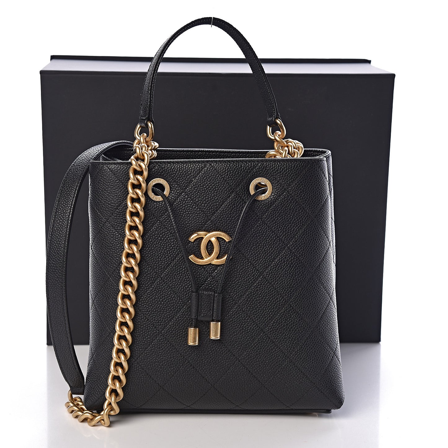 Grained Calfskin Stitched Small Drawstring Bag Black
