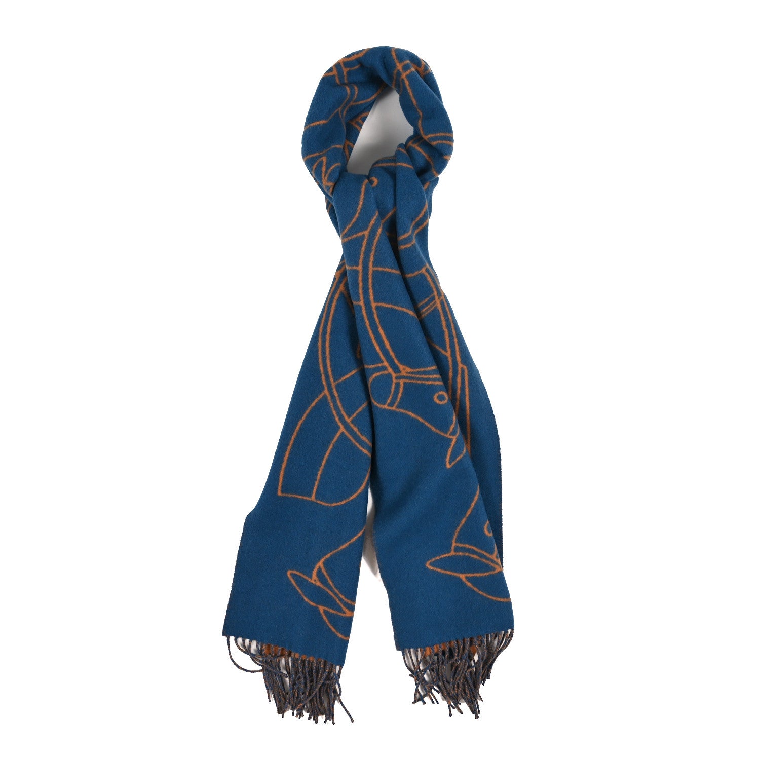 Hermes Cashmere Casaque Entrelacs Equestres Muffler Bleu Pilote Camel 1 of 3