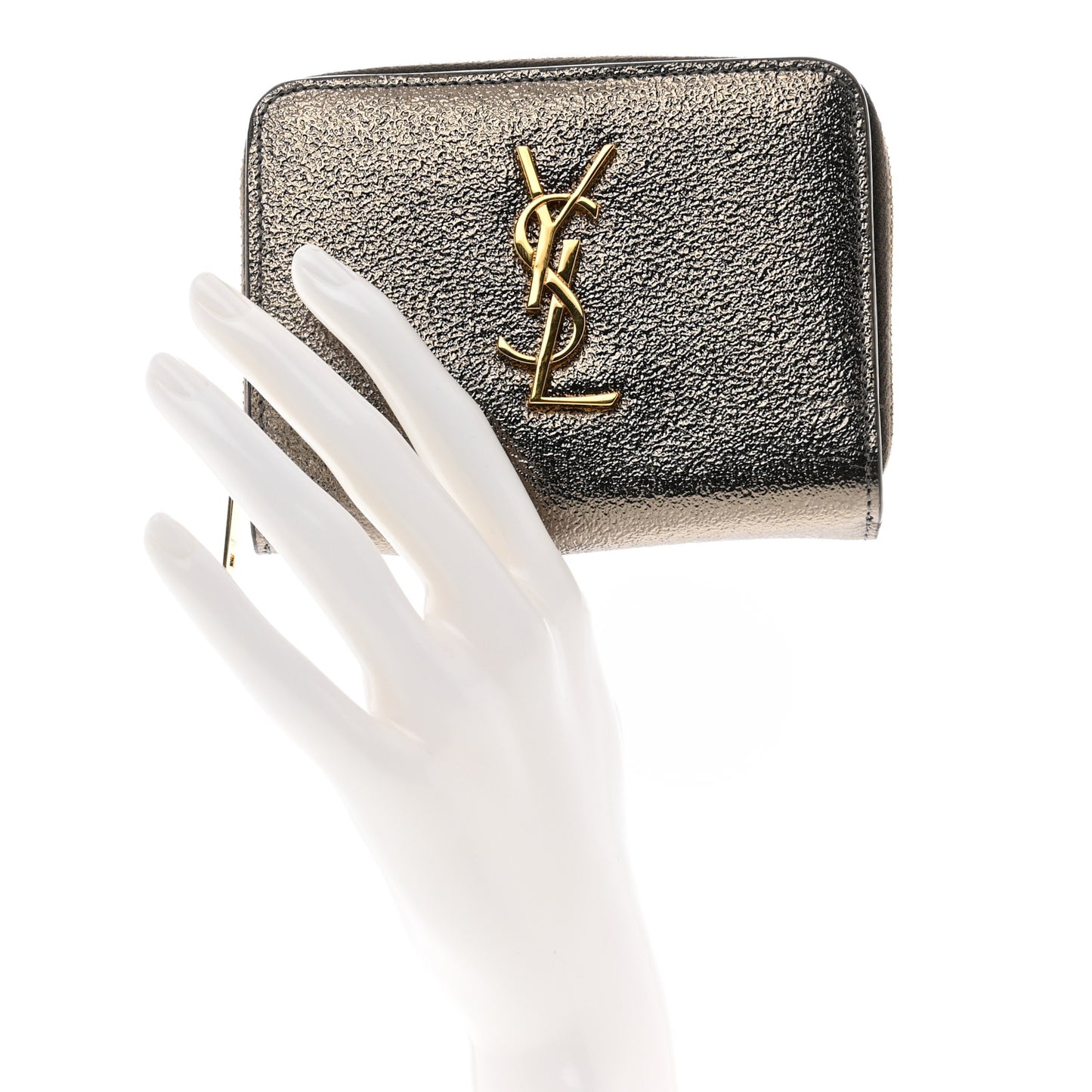 Metallic Calfskin Monogram Compact Zip Around Wallet Grey