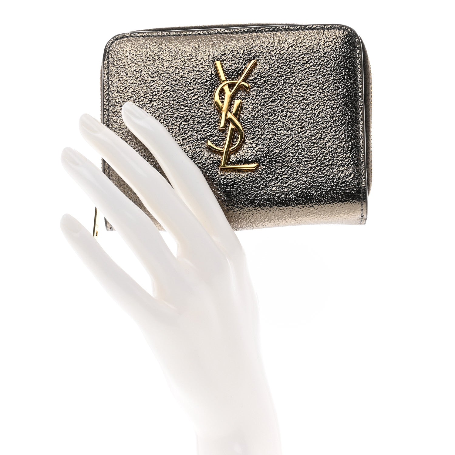 Saint Laurent Metallic Calfskin Monogram Compact Zip Around Wallet Grey 2 of 6