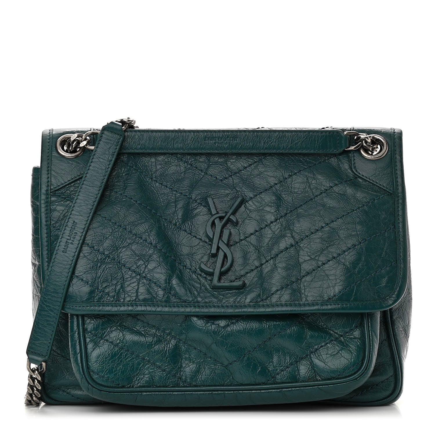 Saint Laurent Crinkled Calfskin Matelasse Monogram Medium Niki Chain Satchel Peacock Green 1 of 10