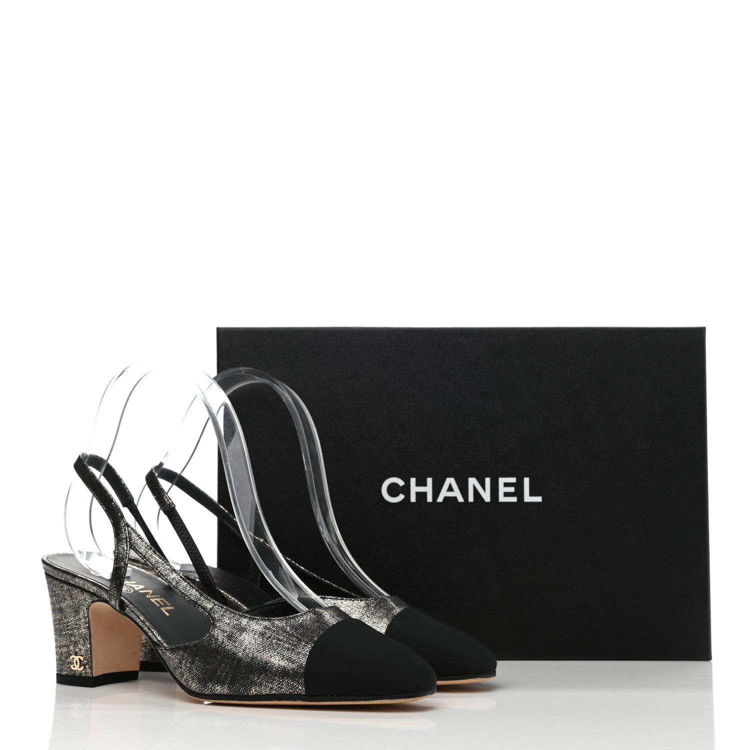 Chanel Metallic Lambskin Grosgrain Cap Toe CC Slingback Sandals 38.5 Black Gold 9 of 9