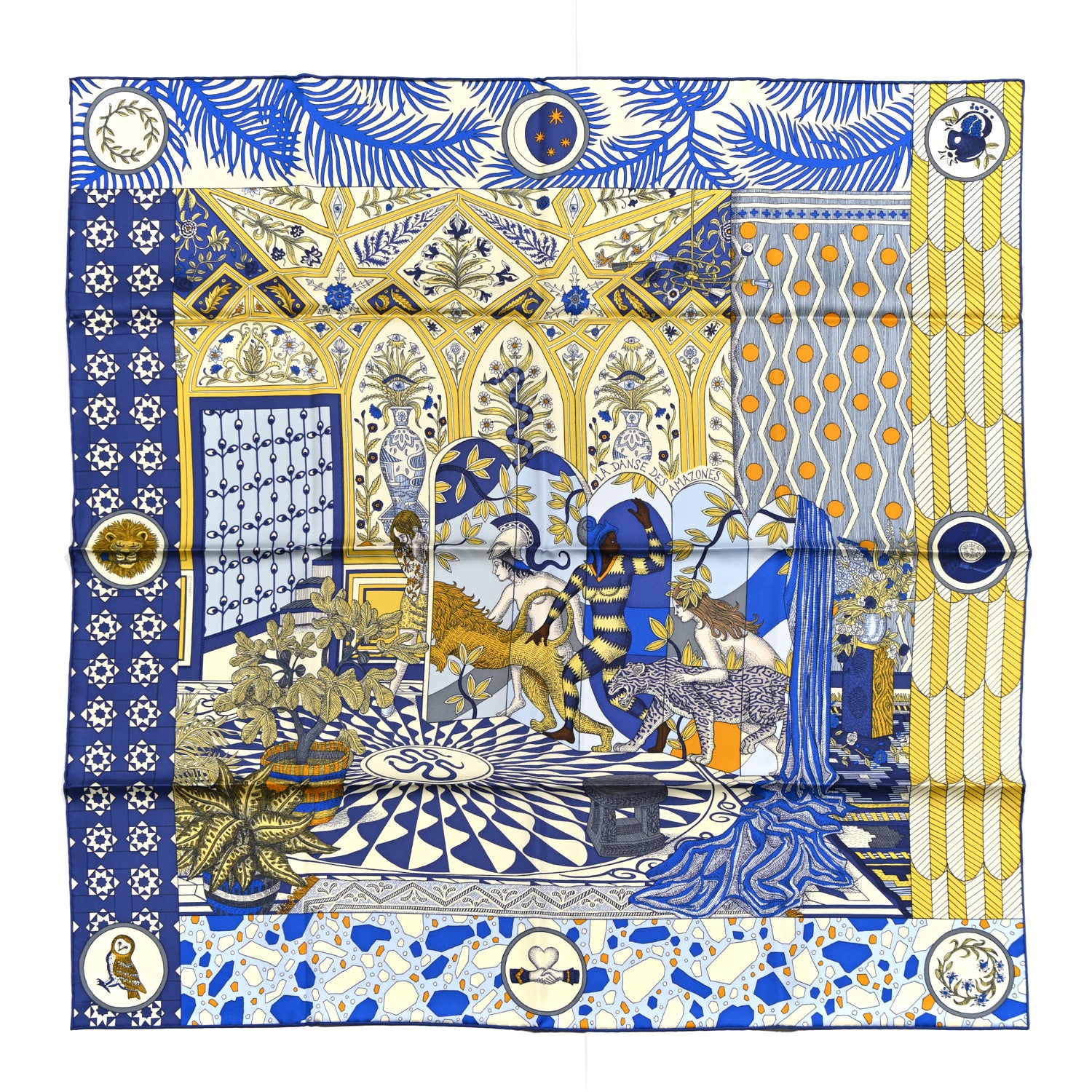 Hermes Silk La Danse Des Amazones Scarf 90 Bleu Roy Gold Creme 1 of 4