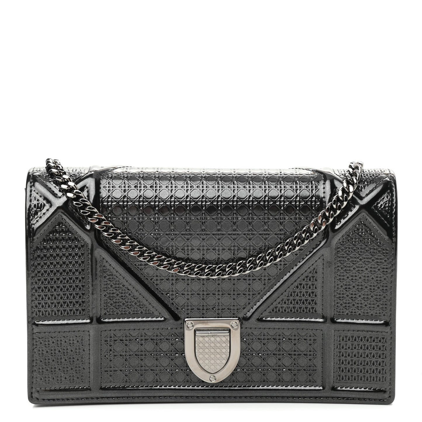 Metallic Patent Micro-Cannage Diorama Wallet on Chain Pouch Black
