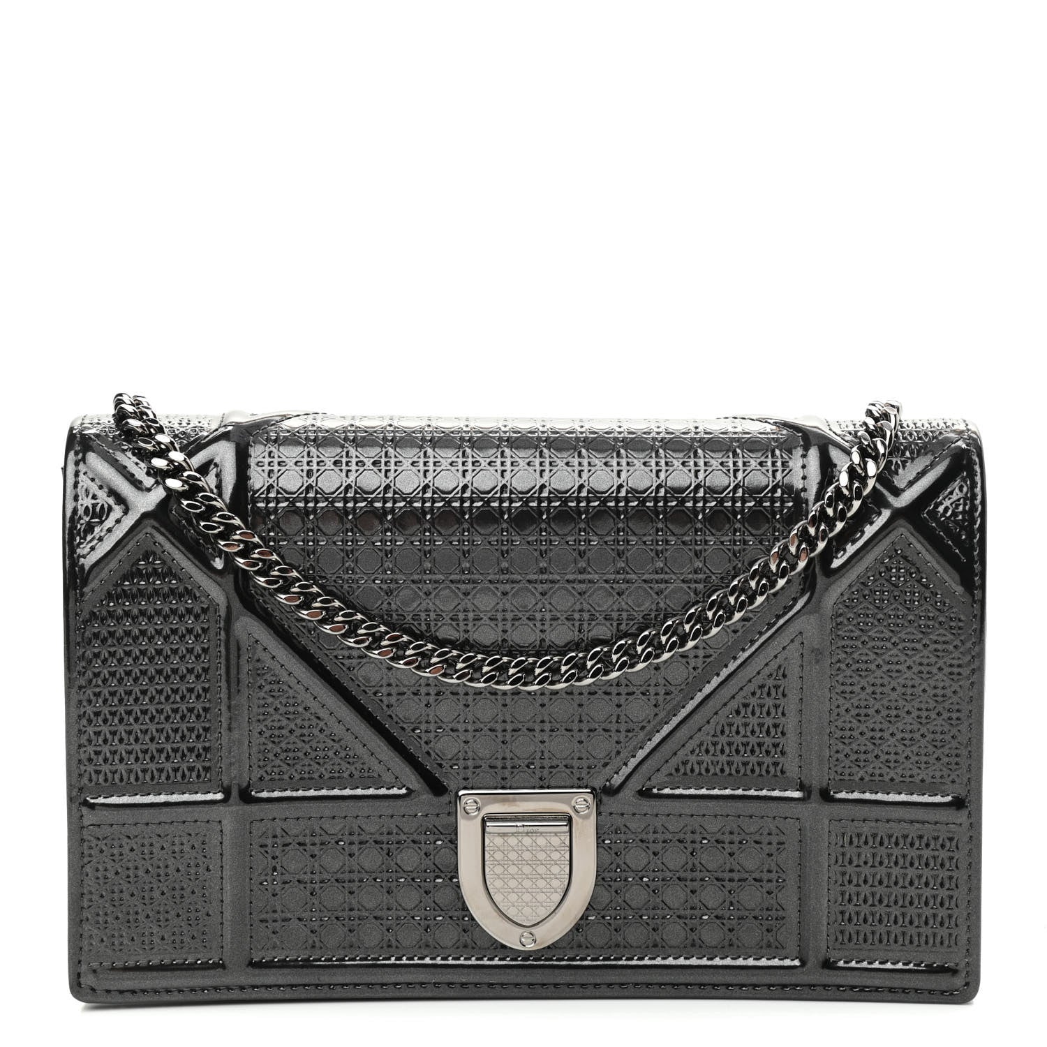 Christian Dior Metallic Patent Micro-Cannage Diorama Wallet on Chain Pouch Black 1 of 9