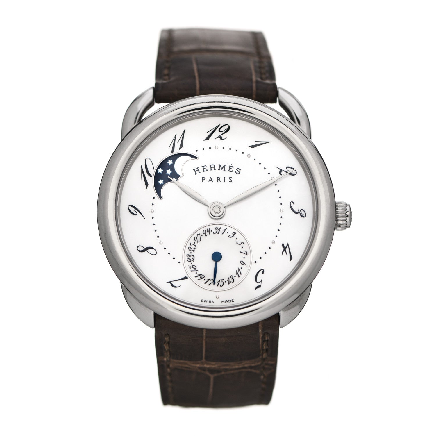 Hermes Stainless Steel Alligator Mother of Pearl 38mm Arceau Petite Lune Automatic Watch Havane 1 of 5