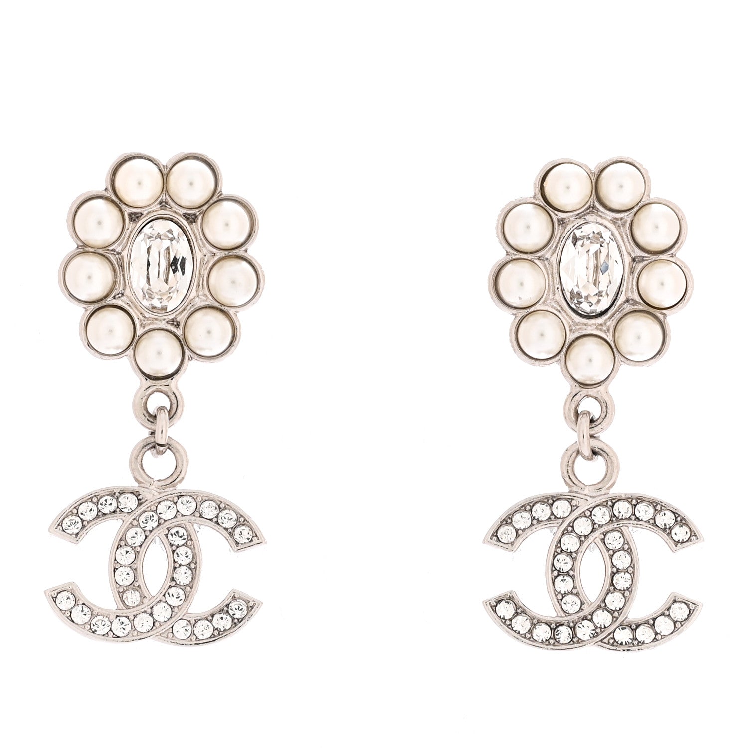 Chanel Crystal Pearl Coco Mark CC Drop Earrings Silver 1 of 5