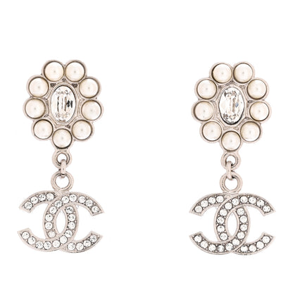 Chanel Crystal Pearl Coco Mark CC Drop Earrings Silver 1 of 5