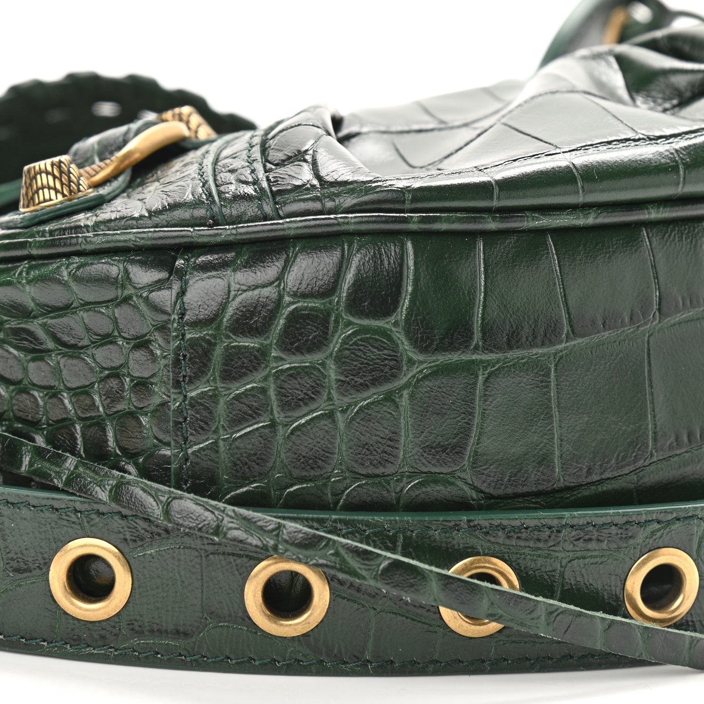 Extra Supple Calfskin Crocodile Embossed Le Cagole Shoulder Bag XS Forest Green
