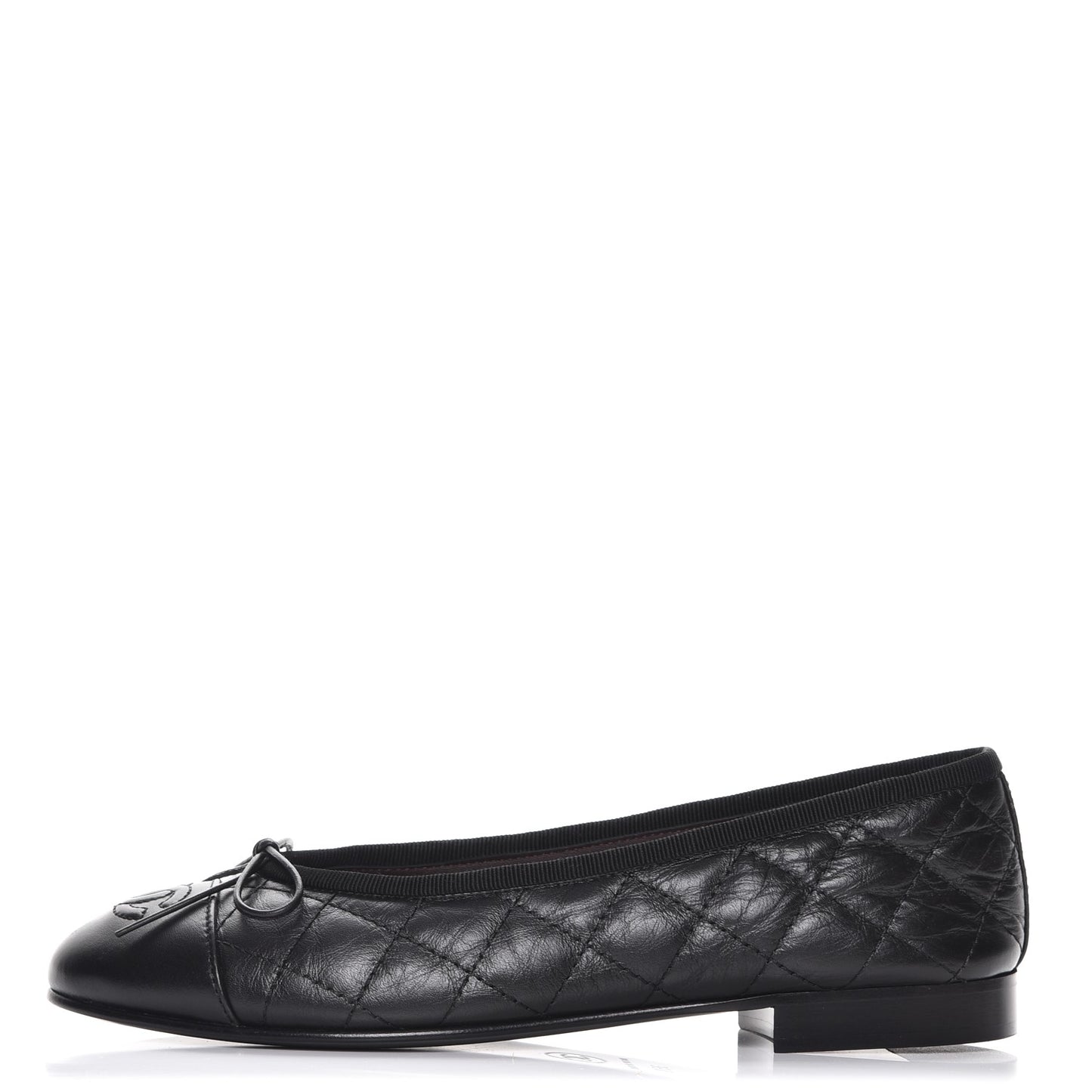 Aged Calfskin Quilted Cap Toe Ballerina Flats 35.5 Black