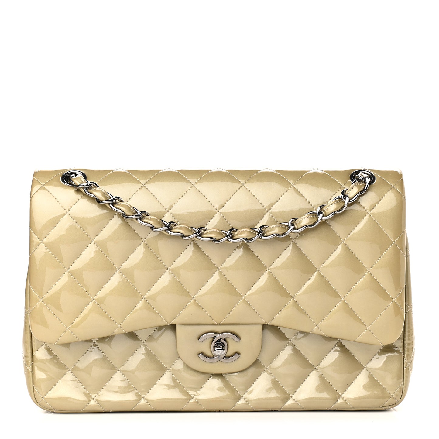 Patent Calfskin Quilted Jumbo Double Flap Gold