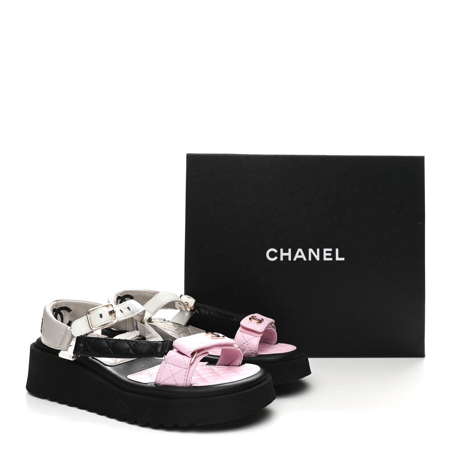 Chanel Lambskin Quilted CC Logo Platform Sandals 38 Black White