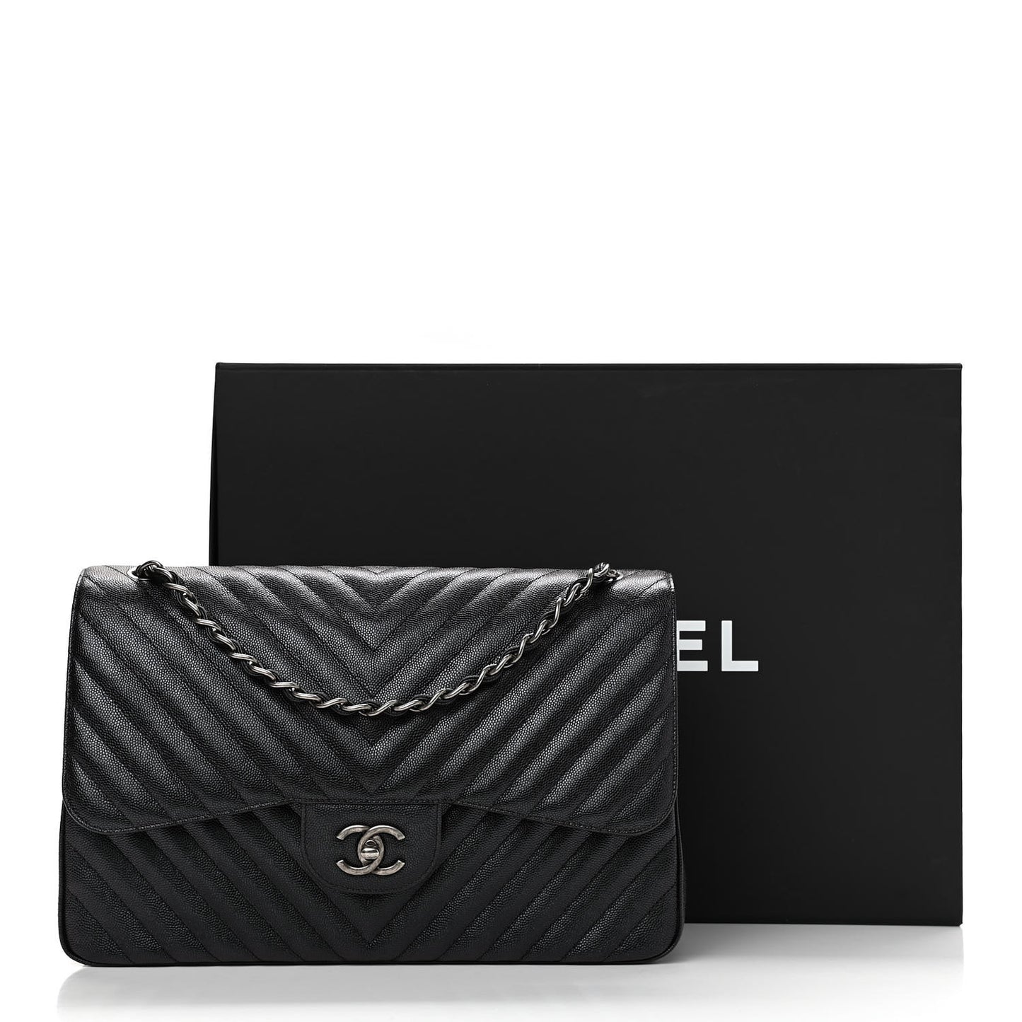 Caviar Chevron Quilted Jumbo Double Flap Black