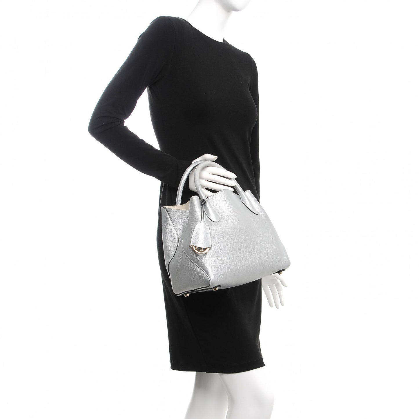 Metallic Supple Grained Calfskin Medium Open Bar Tote Silver