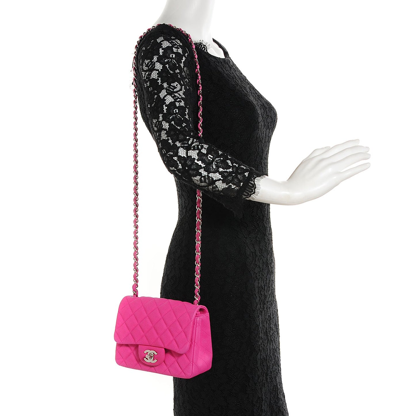 Iridescent Caviar Quilted Mini Square Flap Hot Pink