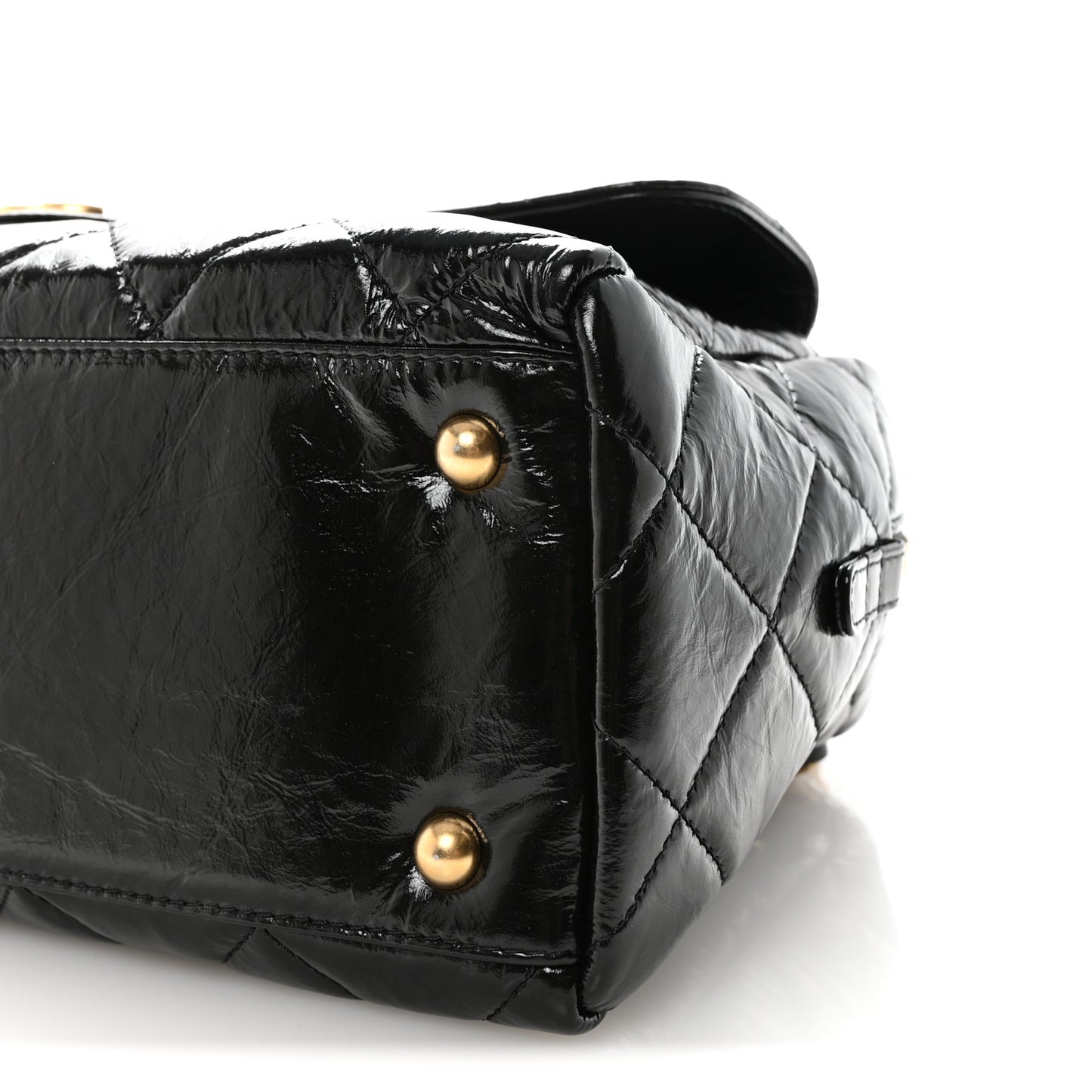 Shiny Crumpled Calfskin Quilted Large Bowling Bag Black
