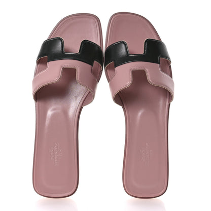 Hermes Box Calfskin Oran Sandals 38 Black Vieux Rose 2 of 10