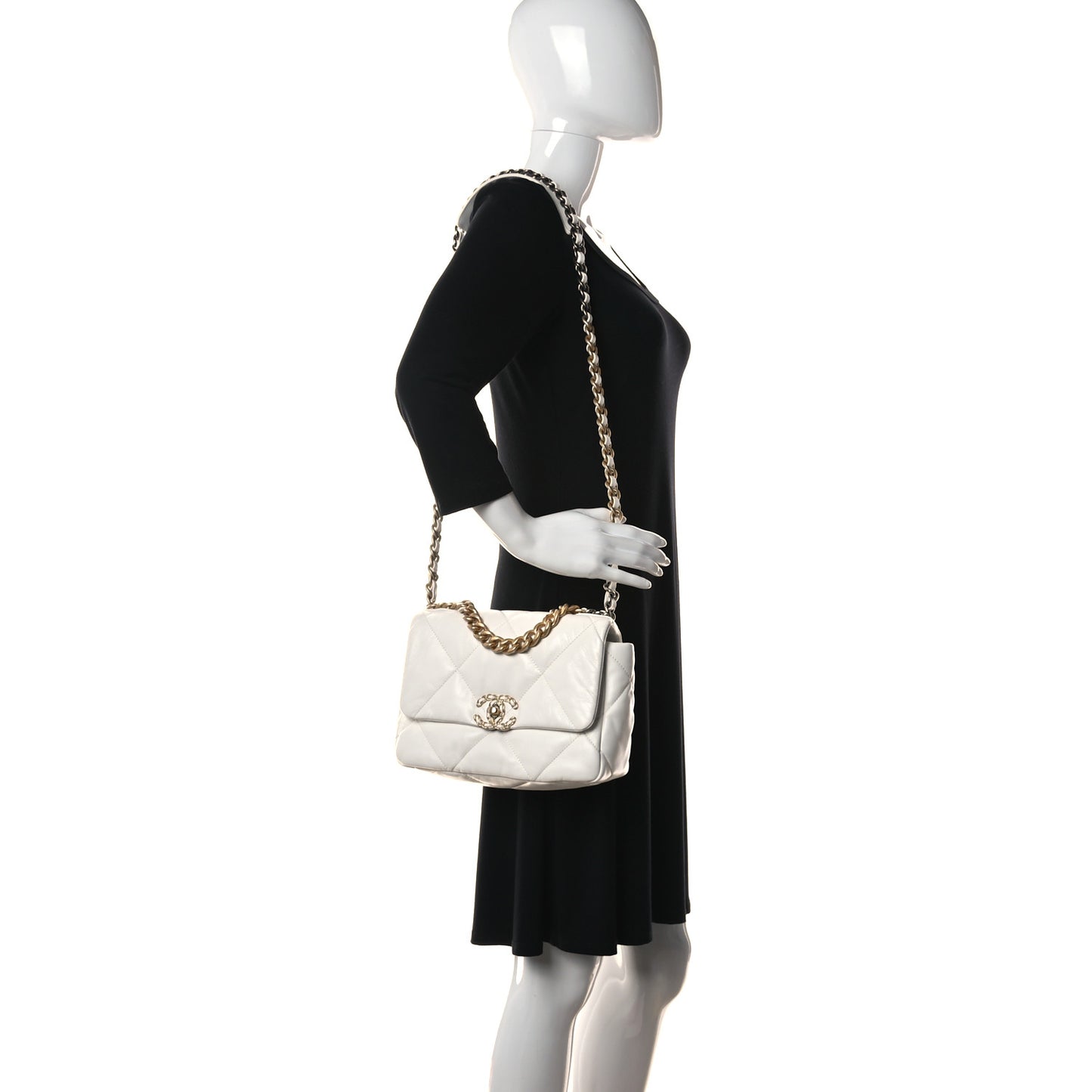 Shiny Crumpled Calfskin Quilted Medium Chanel 19 Flap White