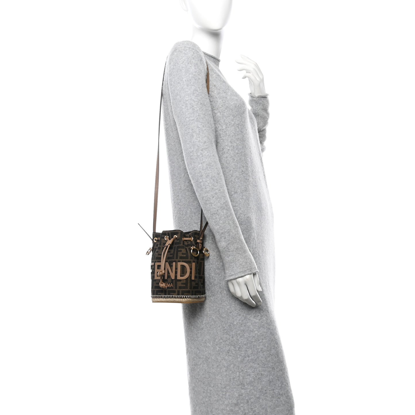 Fabric Jacquard Vitello Grace Raffia FF 1974 Logo Mini Mon Tresor Bucket Bag Tobacco Moro Sand
