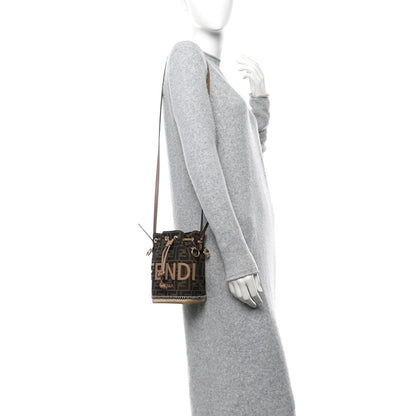 Fendi Fabric Jacquard Vitello Grace Raffia FF 1974 Logo Mini Mon Tresor Bucket Bag Tobacco Moro Sand 2 of 11