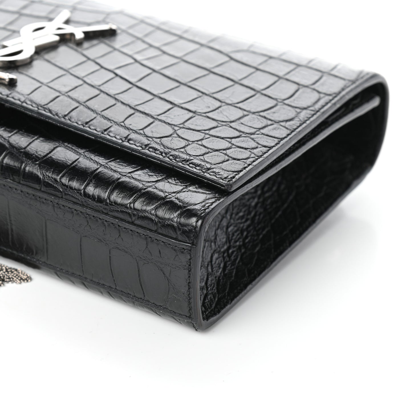 Calfskin Crocodile Embossed Medium Classic Monogram Kate Tassel Satchel Black