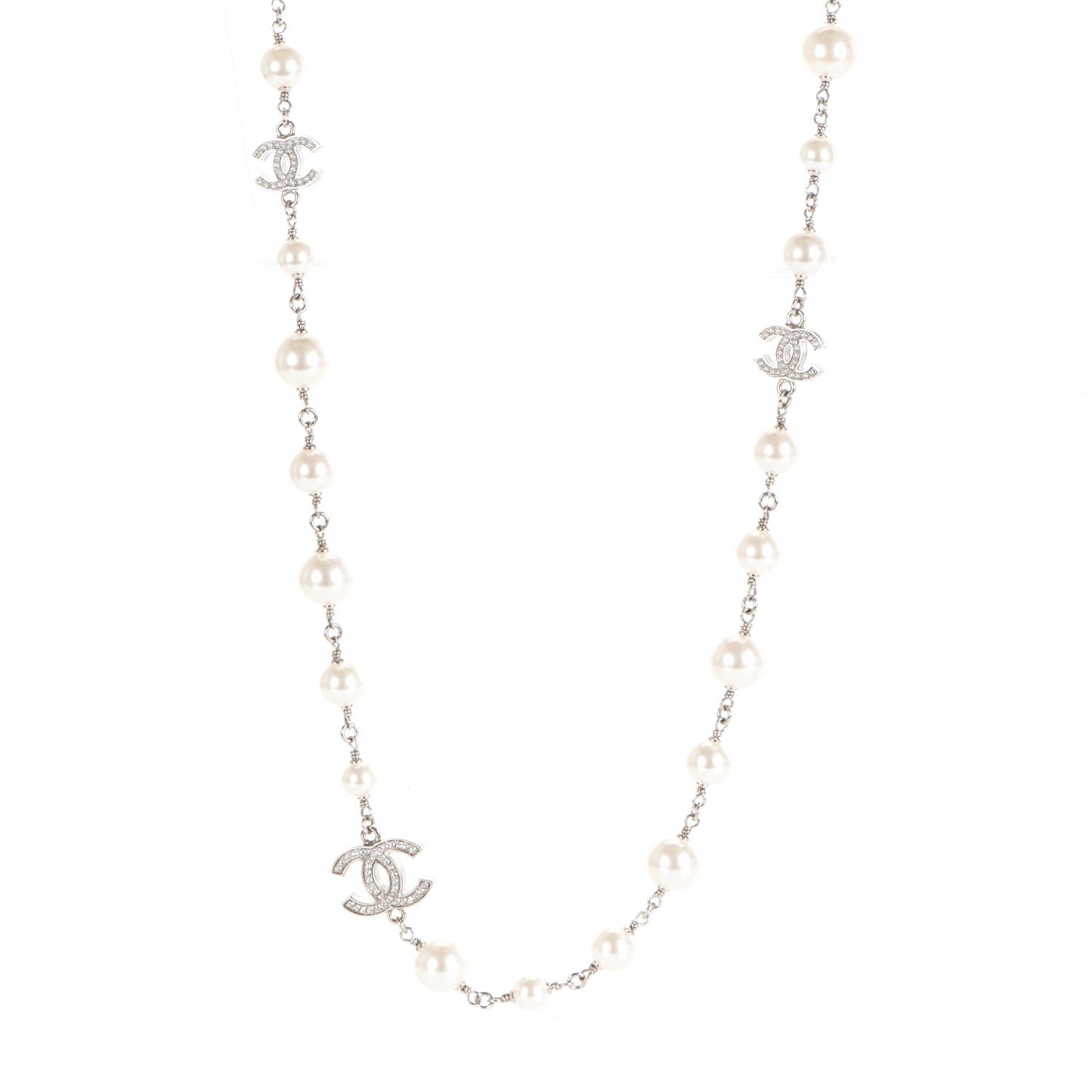 Crystal Pearl CC Long Necklace Silver