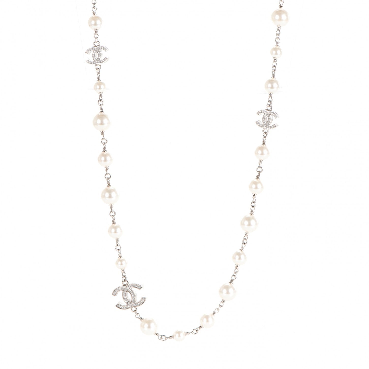 Chanel Crystal Pearl CC Long Necklace Silver 1 of 3