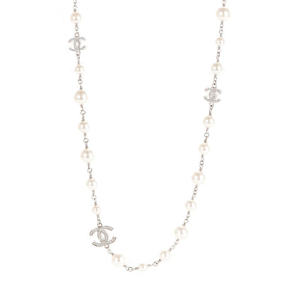 Chanel Crystal Pearl CC Long Necklace Silver 1 of 3