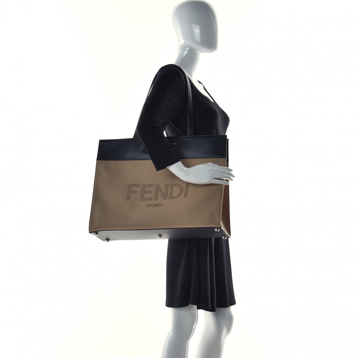 Fendi Canvas Vitello King Logo Embroidered East West Shopper Tote Sand Black 2 of 10